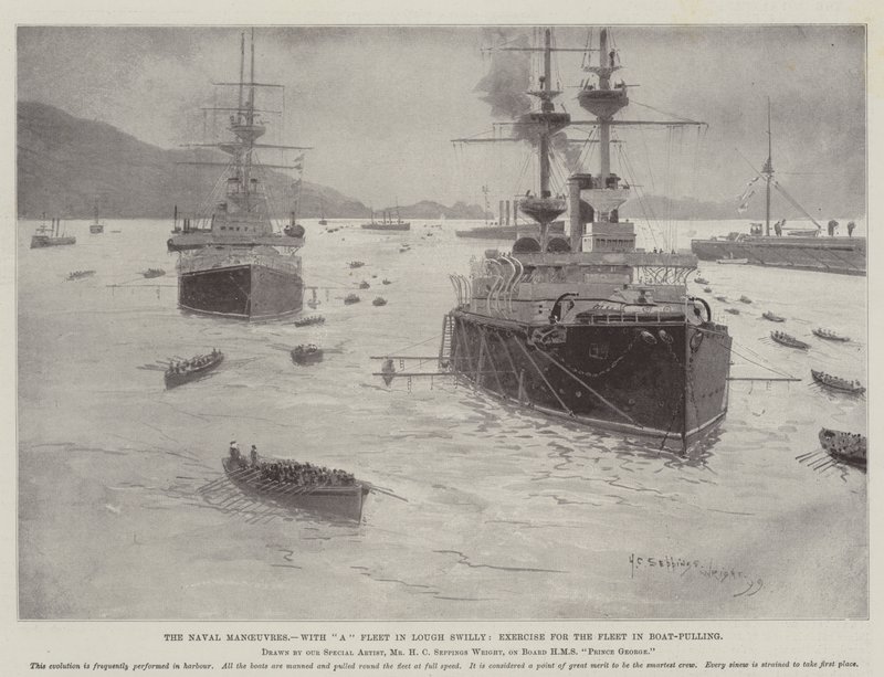 Manewry Marynarki Wojennej, z flotą w Lough Swilly, ćwiczenia floty w przeciąganiu łodzi autorstwa Henry Charles Seppings Wright
