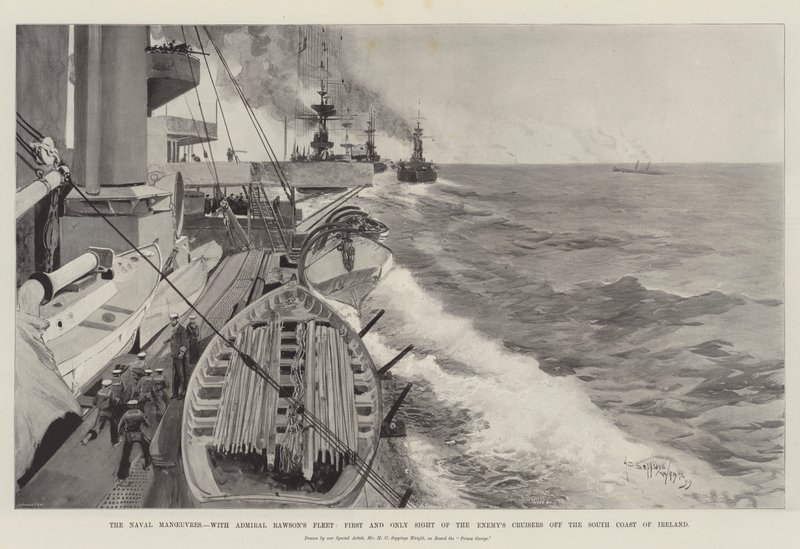 Manewry morskie z flotą admirała Rawsona, pierwszy i jedyny widok krążowników wroga u południowego wybrzeża Irlandii autorstwa Henry Charles Seppings Wright