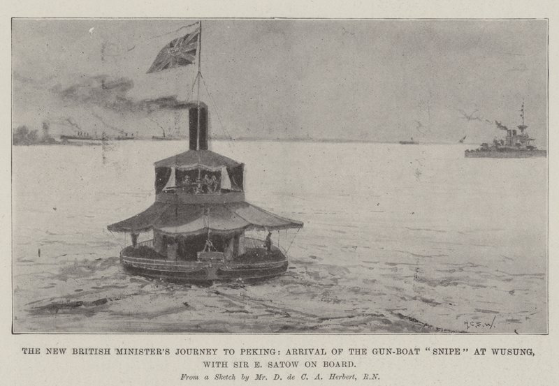 Podróż nowego brytyjskiego ministra do Pekinu, przybycie Gun-Boat Snipe do Wusung, z Sir E Satow na pokładzie autorstwa Henry Charles Seppings Wright