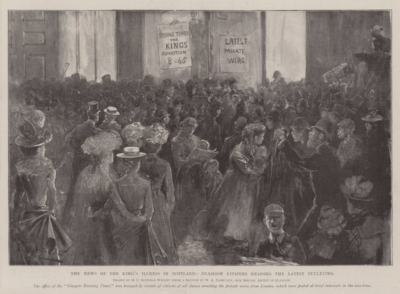 Wiadomości o chorobie króla w Szkocji, obywatele Glasgow czytający najnowsze biuletyny autorstwa Henry Charles Seppings Wright