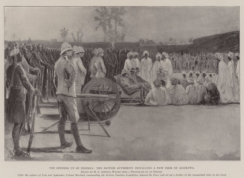 Otwarcie Nigerii, brytyjskie władze instalujące nowego amira Adamawy autorstwa Henry Charles Seppings Wright