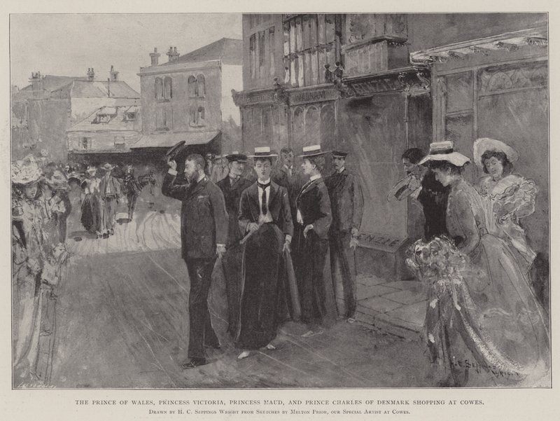 Książę Walii, księżniczka Wiktoria, księżniczka Maud i duński książę Karol robią zakupy w Cowes autorstwa Henry Charles Seppings Wright