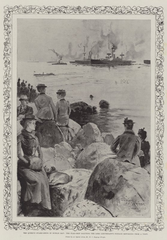 Statki strażnicze królowej w Zatoce Dublińskiej, statek flagowy pozdrawiający szalupę lorda porucznika powracającą z wizyty autorstwa Henry Charles Seppings Wright