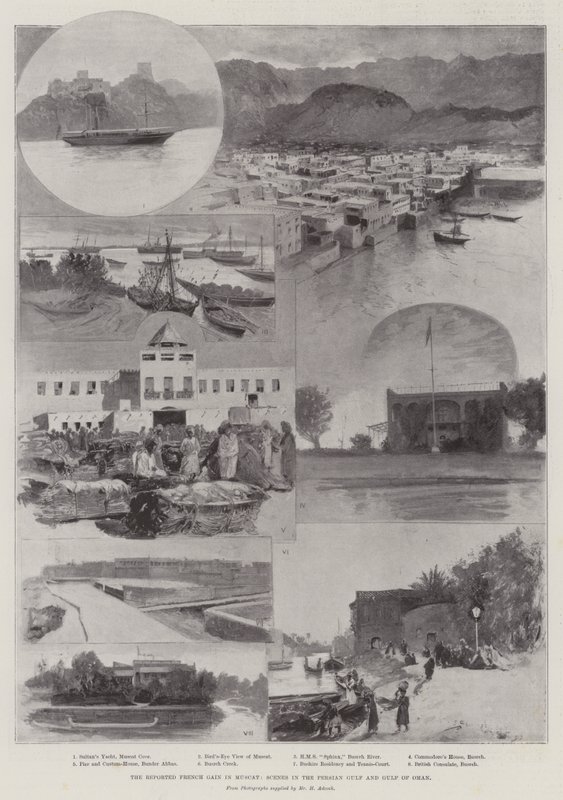 Zgłoszony francuski zysk w Maskacie, sceny w Zatoce Perskiej i Zatoce Omańskiej autorstwa Henry Charles Seppings Wright
