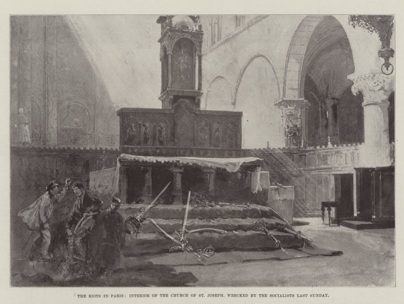 Zamieszki w Paryżu, wnętrze kościoła św. Józefa, zniszczone przez socjalistów w ostatnią niedzielę autorstwa Henry Charles Seppings Wright
