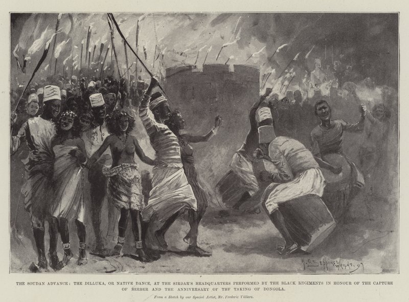 Natarcie Soudan, Dilluka lub Native Dance w kwaterze głównej Sirdaru wykonywane przez Czarne Pułki na cześć schwytania Berberów i rocznicy zdobycia Dongoli autorstwa Henry Charles Seppings Wright