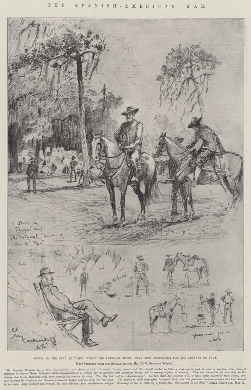 Wojna hiszpańsko-amerykańska, Sceny w obozie w Tampie, gdzie wojska amerykańskie zbierają się do Natarcia na Kubę autorstwa Henry Charles Seppings Wright