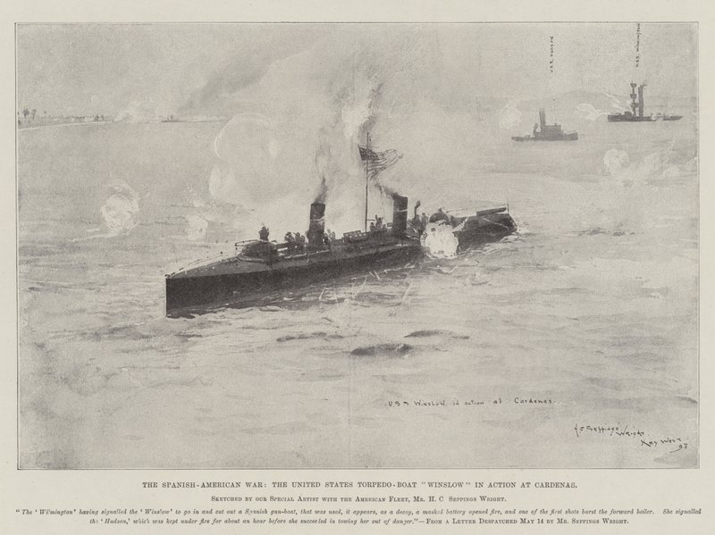 Wojna hiszpańsko-amerykańska, amerykański torpedowiec Winslow w akcji pod Cardenas autorstwa Henry Charles Seppings Wright