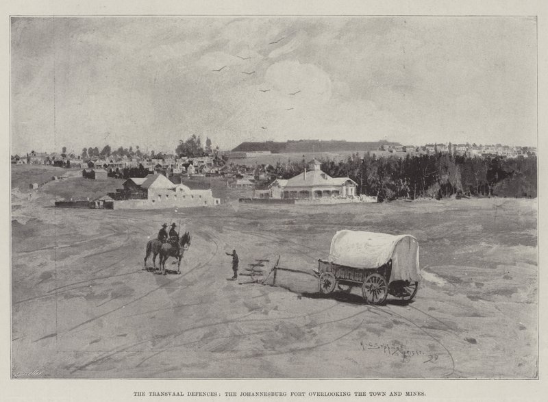 Obrona Transwalu, fort w Johannesburgu z widokiem na miasto i kopalnie autorstwa Henry Charles Seppings Wright