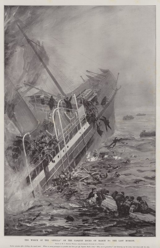 Wrak Stelli na skałach Casquet 30 marca, ostatnia chwila autorstwa Henry Charles Seppings Wright