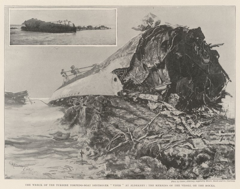 Wrak turbinowego niszczyciela łodzi torpedowych Viper w Alderney, szczątki statku na skałach autorstwa Henry Charles Seppings Wright