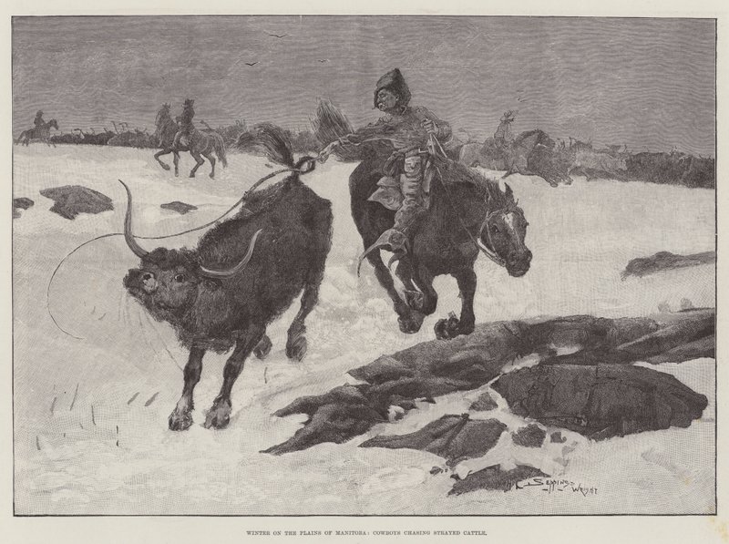 Zima na równinach Manitoby, kowboje goniące zabłąkane bydło autorstwa Henry Charles Seppings Wright