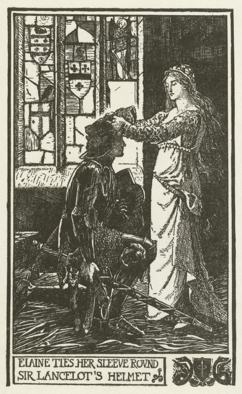 Elaine zawiązuje rękaw wokół hełmu sir Lancelota autorstwa Henry Justice Ford
