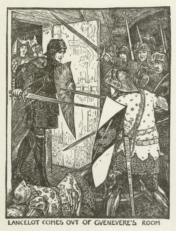 Lancelot wychodzi z pokoju Guenevere autorstwa Henry Justice Ford