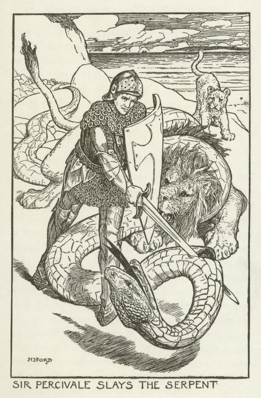 Sir Percivale zabija Węża autorstwa Henry Justice Ford