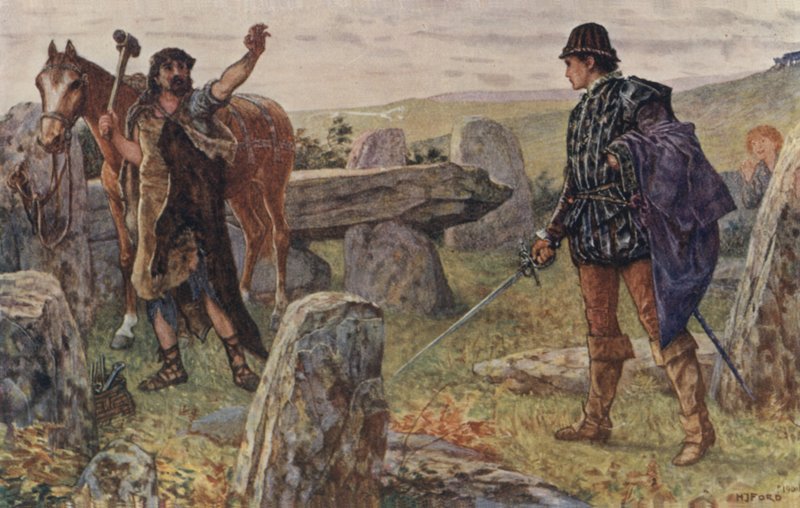 Tressilian poderwał się z mieczem w dłoni, przebiegł wokół zarośli i stanął twarzą w twarz z mężczyzną w skórzanym fartuchu kowala autorstwa Henry Justice Ford