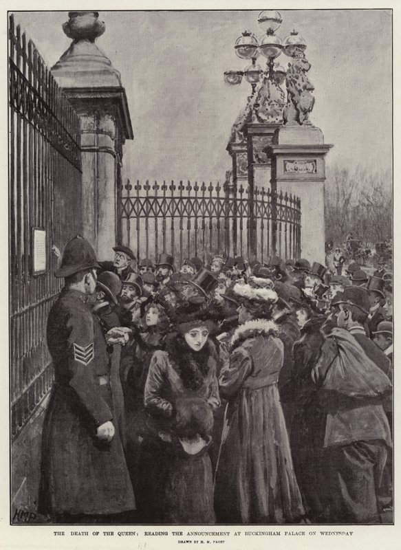 Śmierć królowej, czytanie ogłoszenia w Pałacu Buckingham w środę autorstwa Henry Marriott Paget