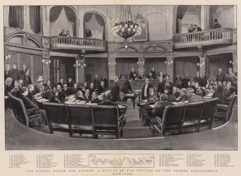 Rada Szkolna w Londynie, posiedzenie w biurach na nabrzeżu Tamizy autorstwa Henry Marriott Paget