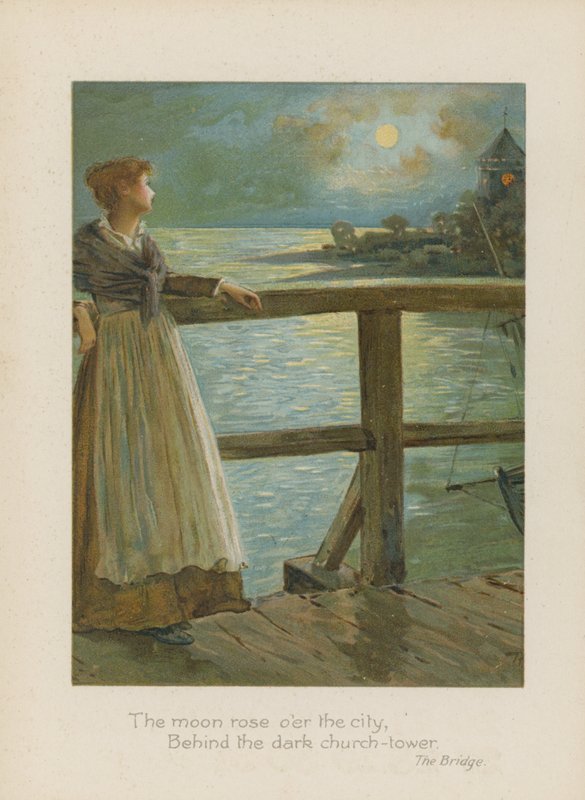 Księżyc wzeszedł nad miastem, za ciemną wieżą kościelną (chromolitho) autorstwa Henry Marriott Paget
