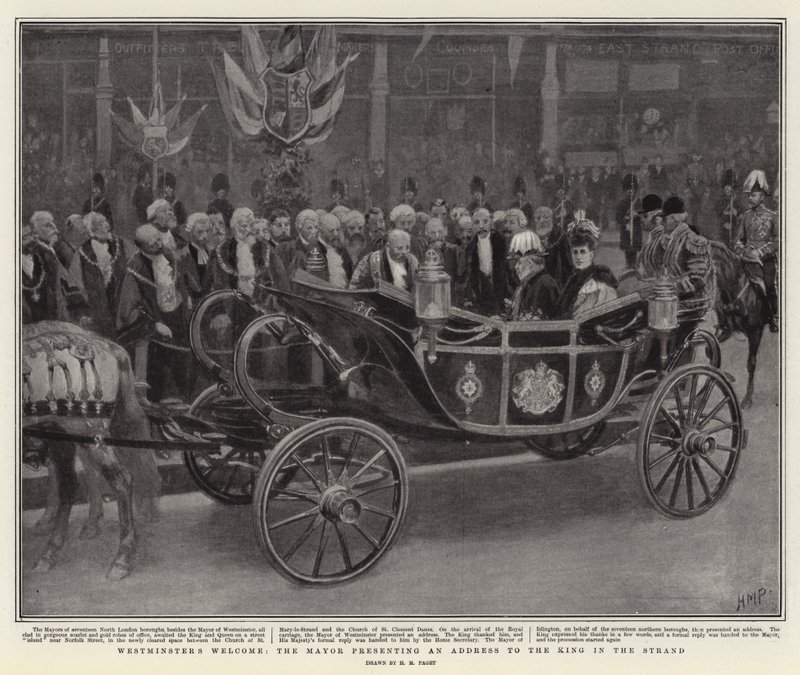 Powitanie Westminster, burmistrz wygłaszający przemówienie do króla na Strand autorstwa Henry Marriott Paget