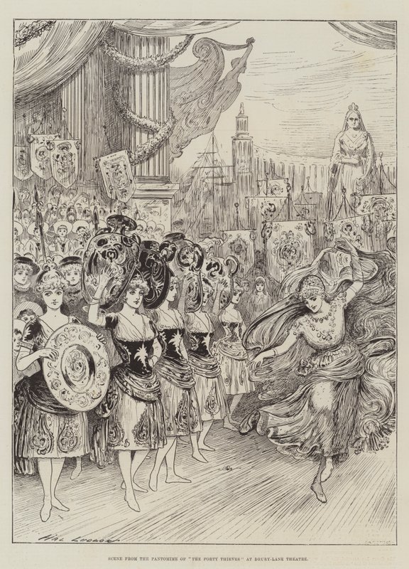 Scena z pantomimy Czterdziestu złodziei w teatrze Drury-Lane autorstwa Henry Stephen Ludlow