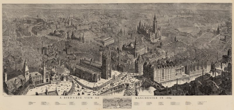 Widok Manchesteru z lotu ptaka w 1889 r. autorstwa Henry William Brewer