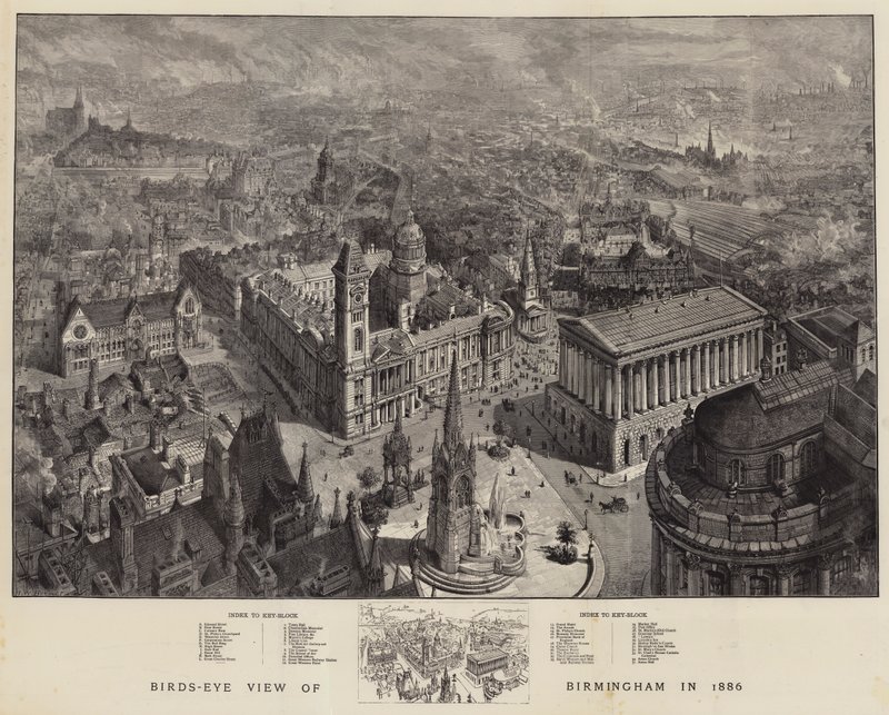 Birmingham z lotu ptaka w 1886 r. autorstwa Henry William Brewer