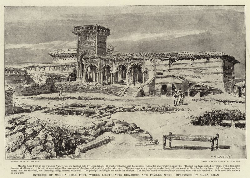Wnętrze fortu Mundia Khar, gdzie Umra Khan więziła poruczników Edwardesa i Fowlera autorstwa Henry William Brewer