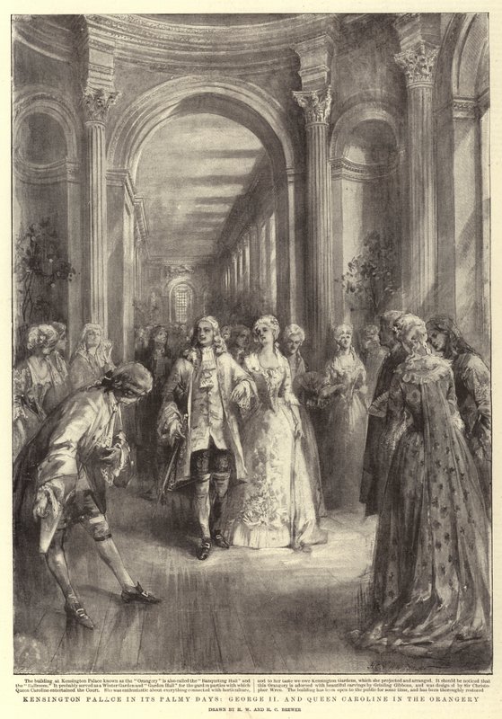 Pałac Kensington w Palmy Days, Jerzy II i Królowa Karolina w Oranżerii autorstwa Henry William Brewer