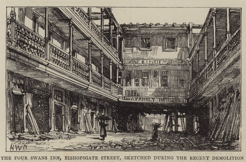 The Four Swans Inn, Bishopsgate Street, naszkicowany podczas niedawnej rozbiórki autorstwa Henry William Brewer
