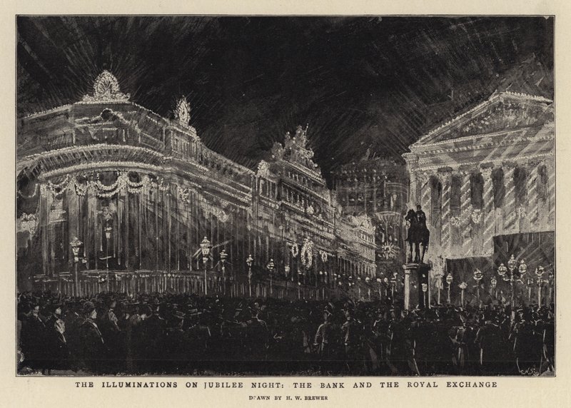Iluminacje w Noc Jubileuszową, Bank i Royal Exchange autorstwa Henry William Brewer