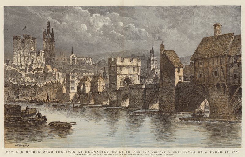 Stary most na Tyne w Newcastle, zbudowany w XIII wieku, zniszczony przez powódź w 1771 roku (kolorowe grawerowanie) autorstwa Henry William Brewer