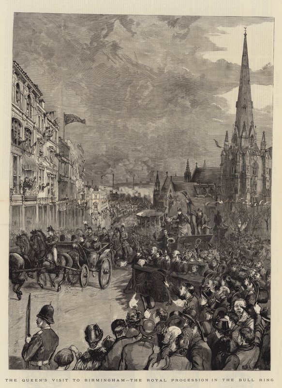 Wizyta królowej w Birmingham, królewska procesja na arenie byków autorstwa Henry William Brewer