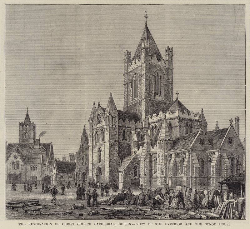 Przywrócenie katedry Christ Church, Dublin, widok z zewnątrz i dom synodalny autorstwa Henry William Brewer