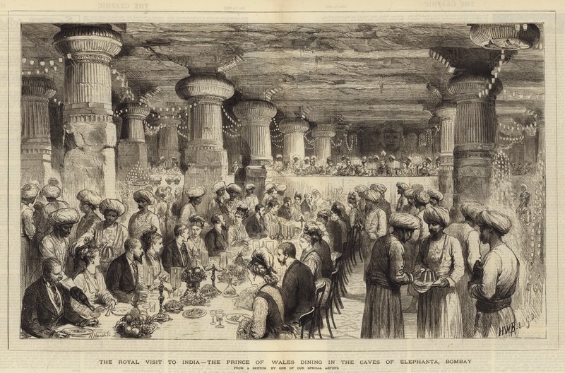 Królewska wizyta w Indiach, obiad księcia Walii w jaskiniach Elephanta, Bombay autorstwa Henry William Brewer