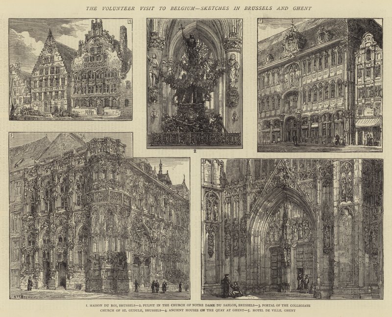 Wizyta wolontariuszy w Belgii, szkice o Brukseli i Gandawie autorstwa Henry William Brewer
