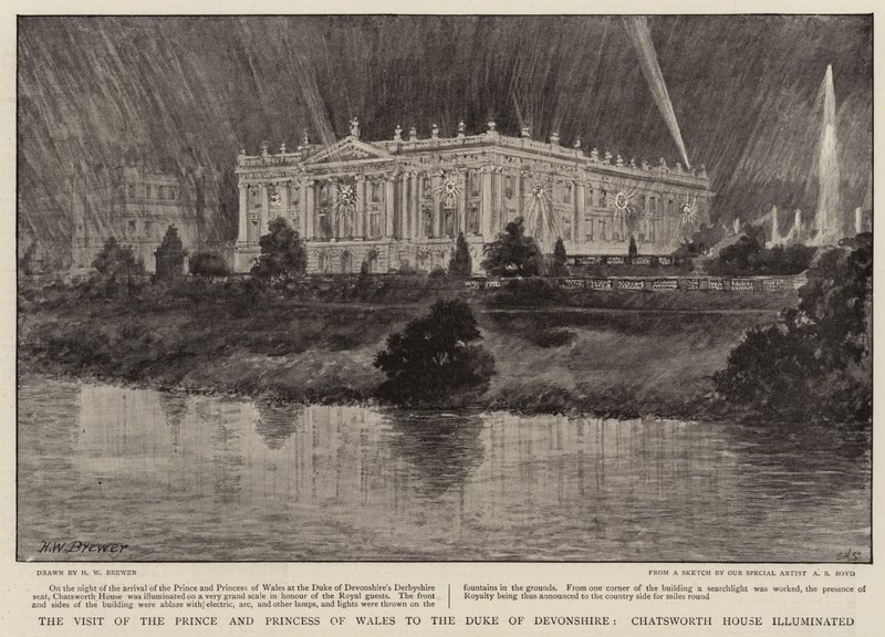 Wizyta księcia i księżnej Walii u księcia Devonshire, Chatsworth House oświetlony autorstwa Henry William Brewer