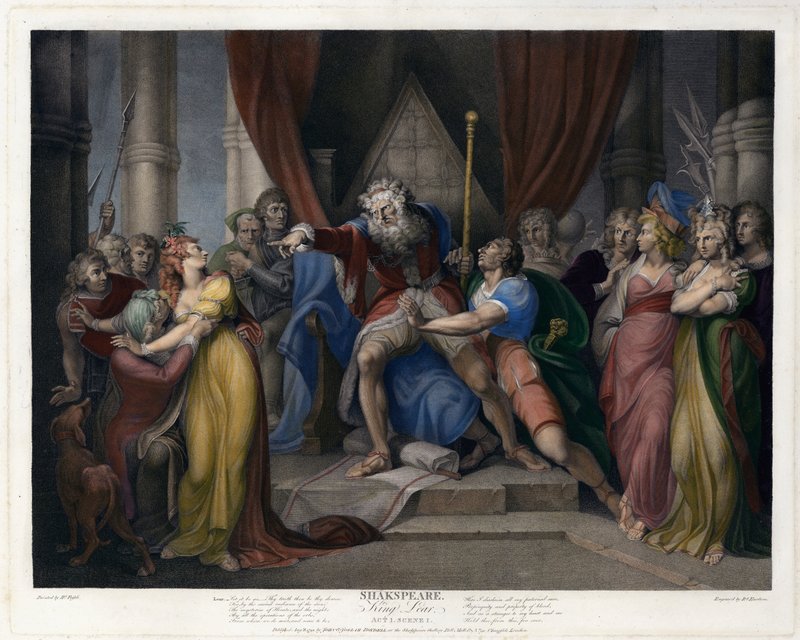 Scena z Króla Leara Szekspira (Akt I, Scena I) (kolorowa grawerunek) autorstwa Henry  Fuseli