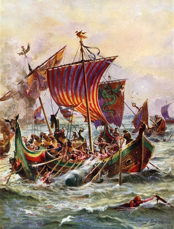 Galery króla Alfreda atakujące Smocze Statki Wikingów, 897 (kolor lito) autorstwa Henry Payne