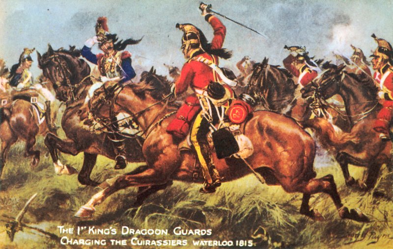 1. Straż Dragonów Królewskich, szarżująca na kirasjerów, Waterloo 1815 (kolor lito) autorstwa Henry A. Payne