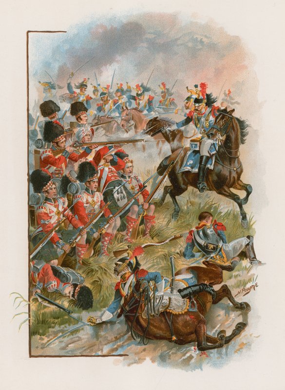 Czworobok 42. górali szarżujących na francuskich kirasjerów pod Quatre Bras, 16 czerwca 1815 r. (chromolit) autorstwa Henry A. Payne