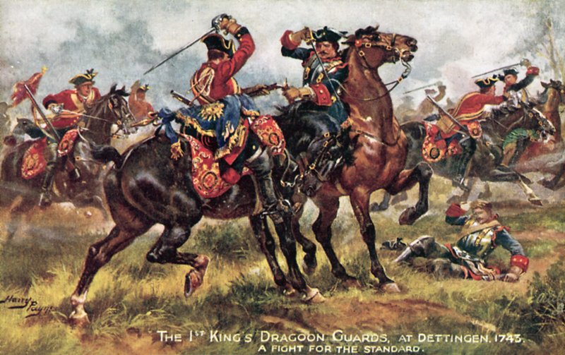 Koń Królewski, obecnie 1. (Królewska) Gwardia Smoków, Bitwa pod Dettingen, czerwiec 1743 autorstwa Henry A. Payne