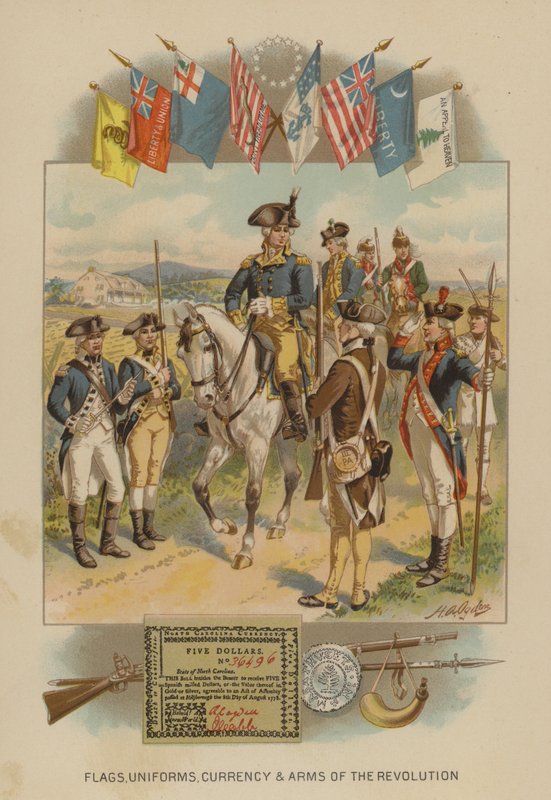 Flagi, mundury, waluta i broń rewolucji amerykańskiej (chromolitho) autorstwa Henry Alexander (after) Ogden