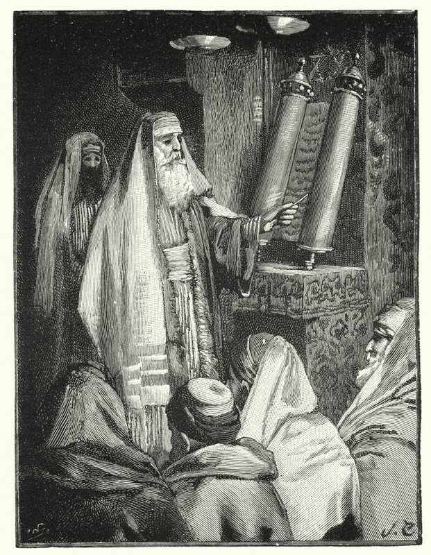 Rabin czytający zwój prawa (lit) autorstwa Henry Andrew Harper