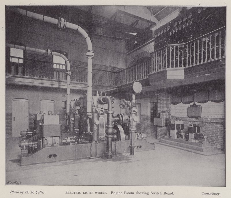 Maszynownia z tablicą rozdzielczą, Electric Light Works, Canterbury, Kent (zdjęcie czarno-białe) autorstwa Henry Beauchamp Collis