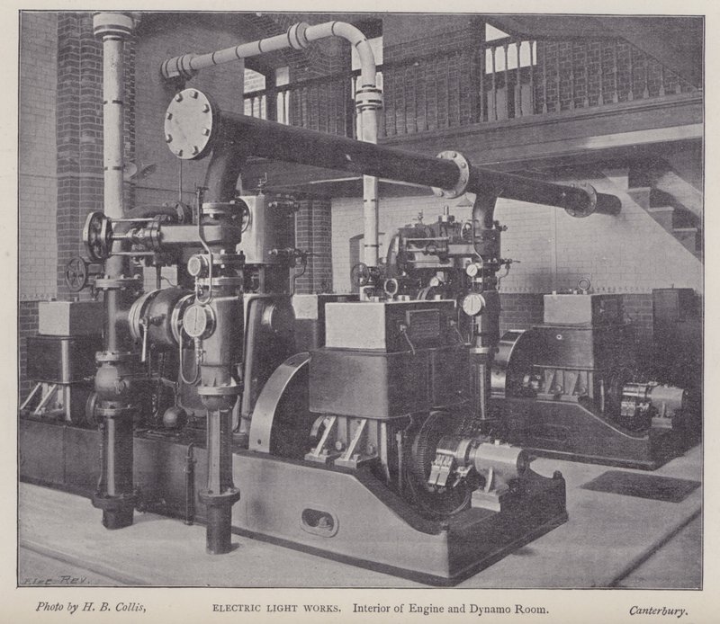 Wnętrze maszynowni i dynama, Electric Light Works, Canterbury, Kent (zdjęcie czarno-białe) autorstwa Henry Beauchamp Collis