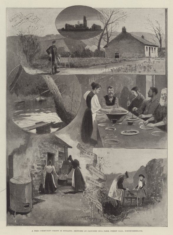 Wolna kolonia komunistyczna w Anglii, szkice na farmie Clousden Hill, Forest Hall, Northumberland autorstwa Henry Charles Seppings Wright