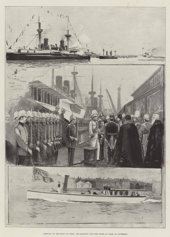 Przybycie króla Syjamu, Jego Królewskiej Mości i Księcia Yorku w Spithead autorstwa Henry Charles Seppings Wright
