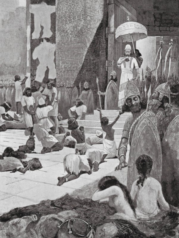 Ashur-nasir-pal i jego jeńcy wojenni (litografia) autorstwa Henry Charles Seppings Wright