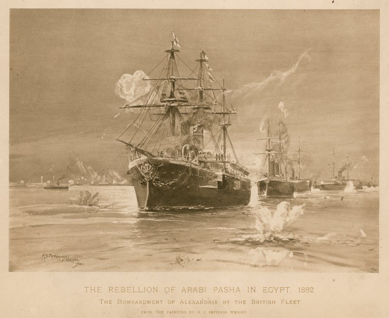 Bombardowanie Aleksandrii przez brytyjską flotę podczas buntu Ali Paszy w Egipcie autorstwa Henry Charles Seppings Wright
